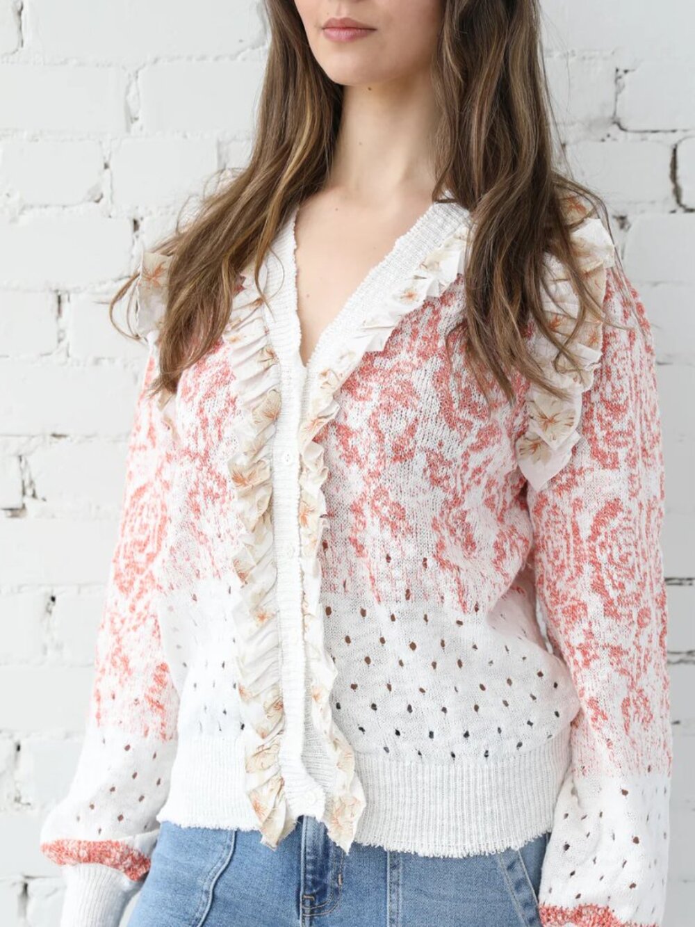 FATE Ruffle Trim Faye Cardigan Sweater - Ivory/Coral